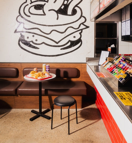 Inside a Hoodburger restaurant